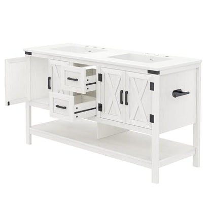 AMERLIFE 60" White Farmhouse Double Sink Bathroom Vanity, Solid White Top | Antique White, Solid White Integrated Top, Moisture-Resistant MDF, 4 X-Panel Doors, 2 Drawers, Open Shelf, Paper Towel Holder - color: Antique White, size: 60”