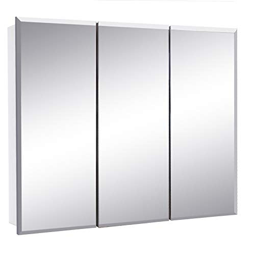 Design House Cyprus Medicine Cabinet, 3 Frameless Mirrored Doors, 2 Adjustable Shelves, Pre-Assembled, Surce or Recess-Mounted, White, 36.3 in. W x 4.4 in. D x 30.1 in. H, 590265 | Adjustable Shelves, Wall Mount, Contemporary/Modern, Wood, Bath, 590265 -