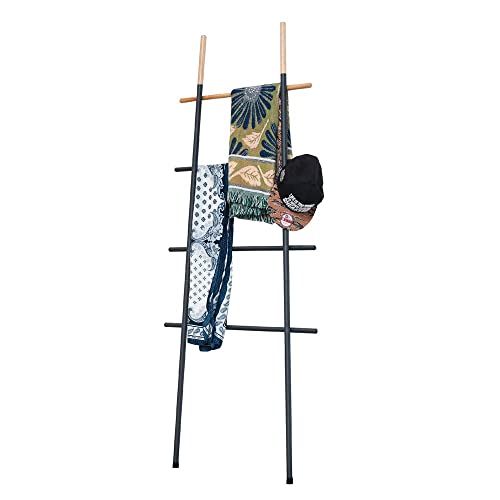 Freestanding Towel Ladder Rack, Space Saving, No-Scratch Wood, for Household Use (Black) - color: Black