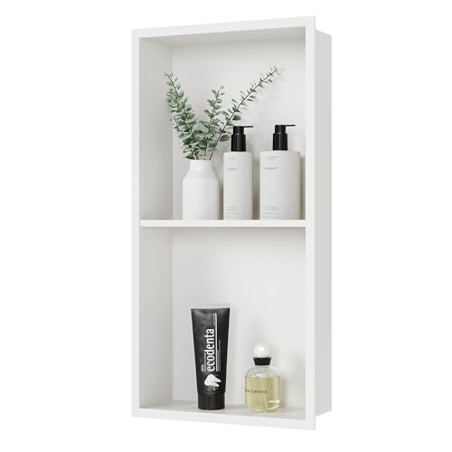 Qeke 12" x 24" Stainless Steel Shower Niche w/Double Shelves, Matte White | No tile Needed Wall Niche, Recessed Niche for Bathroom Storage, Space Saving, Over Mount Installation - color: Matte White, size: 12X24"