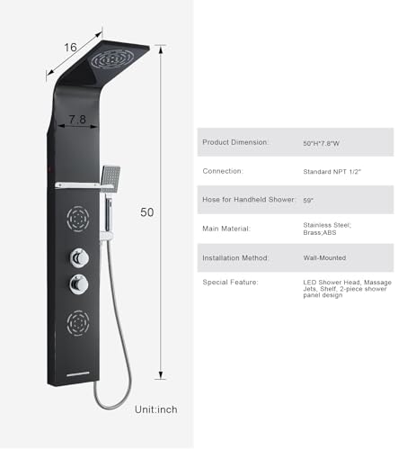 POPFLY LED Shower Panel Tower with Shelf, Mist & Rainfall Shower System | 304 Stainless Steel Shower Tower with 2 Body Massage Jets, Tub Spout, 3-Function Handheld Shower, Matte Black - style: 2 Body Jets with Shelf-Black