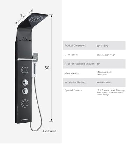POPFLY LED Shower Panel Tower with Shelf, Mist & Rainfall Shower System | 304 Stainless Steel Shower Tower with 2 Body Massage Jets, Tub Spout, 3-Function Handheld Shower, Matte Black - style: 2 Body Jets with Shelf-Black