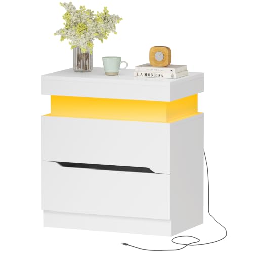 Night Stand with 2 Drawers, Nightstand with App-Controlled Adjustable LED Light, Bedside Table with Slidable Hidden Storage Space, Modern Nightstands for Bedroom,White - color: Unbzx031wd-zf