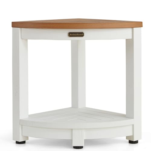 KaimuBench HDPS Corner Shower Stool for Shaving Leg, Waterproof Shower Bench Seat for Inside Shower, Poly Lumber Plastic Bath Shower Chair Seat, White+Brown, Weight Capacity 500LBS - color: White+brown