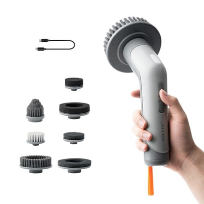 IPX8 Waterproof Electric Spin Scrubber with Built-in Light, Cordless Dual-Turbo Rotation Cleaning Brush, 2 Speeds & 7 Brush Heads Power Scrubber for Bathroom, Tile, Corners, Grout, Crevices