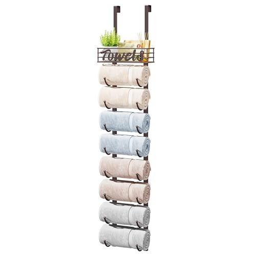 HapiRm Towel Racks for Bathroom Storage - 9 Tier Over The Door & Wall Mount Rolled Towel Storage Organizer Holder with Metal Shelf Basket for Small Bathroom, Camper, Rv - Bronze, Patented - color: Bronze, size: 9-Tier