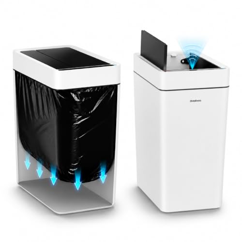 2.7 Gallon Slim Bathroom Touchless Trash Can, Automatic Smart Trash Can with Air-Press Bag Expander, Sensor Lid Waste Bin for Bedroom, Office & RV, White - size: 2.7 Gallon-Standard