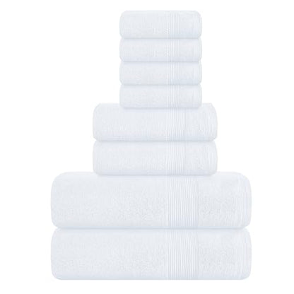 8 Piece Towel Set 100% Ring Spun Cotton, 2 Bath Towels 27x54, 2 Hand Towels 16x28 and 4 Washcloths 13x13 - Ultra Soft Highly Absorbent Machine Washable Hotel Spa Quality - White - color: White, size: 8 Piece Towel Set
