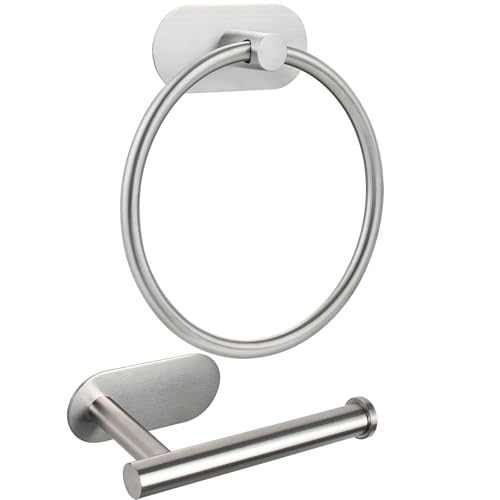 Self Adhesive Towel Ring and Toilet Paper Holder, No Drilling Stainless Steel Bathroom Hardware Set, Sturdy Bathroom Accessories for Home or Kitchen, Wall Mounted (Brushed Nickel) - color: Brushed Nickel