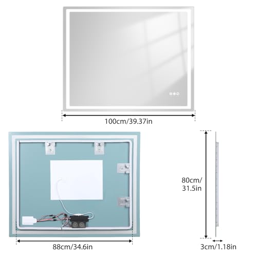 40" x 32" LED Bathroom Mirror with Anti-Fog & Touch Switch - Wall-Mounted Makeup Vanity Mirror, No Drilling Required, Smart Display (Square) - size: 39.4"L x 31.5"W