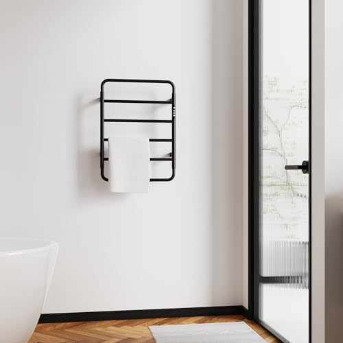 Towel Warmer, Stainless Steel Heated Towel Racks for Bathroom, 6 Bars Wall Mounted Towel Heater with Intelligent Touch Screen Timer & Temperature Adjustment, Plug-in/Hard-Wired, Black - color: Black, size: 6-Bar
