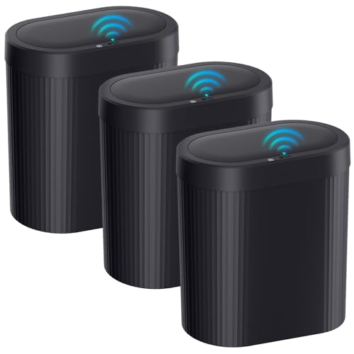 jinligogo 3 Pack 5 Gallon Bathroom Trash Can with Lid, Automatic Motion Sensor Black Trash Can, Touchless Slim Waterproof Garbage Bin for Kitchen, Bedroom, Office, and Bathroom