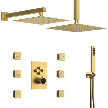 12" High-Pressure Rainfall Shower Faucet with Valve for Bathroom, Dual Rainfall Shower Head System with 6 Body Jets, Rough in-Valve (Brushed Gold) | High-Pressure, Dual 12" Rainfall Shower Head System, 6 Body Jets, Rough in-Valve - color: Brushed Gold