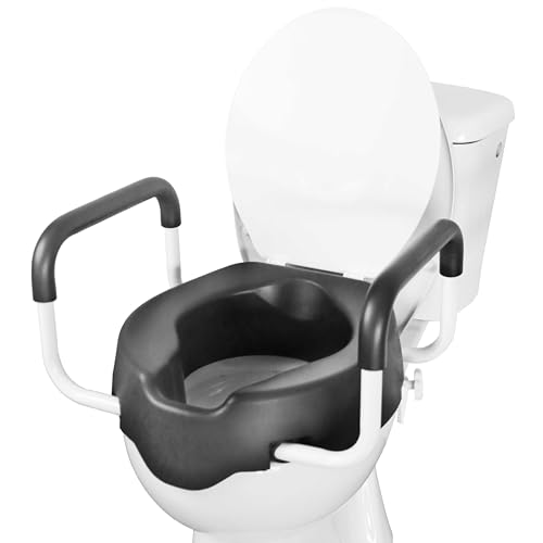 KMINA 4 Inch Soft Raised Toilet Seat with Handles and Lid, 220 lb Capacity, Fits Round & Compact Elongated Bowls up to 15" Wide, Tool-Free Clamp-On Riser, Black | Toilet Booster for Elderly, Seat Adapter with Armrests, Soft Foam, Adjustable Anchors, Easy