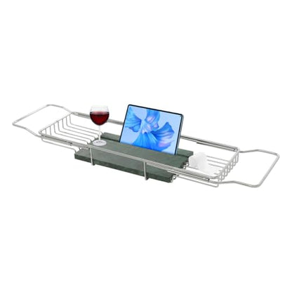 Expandable Bathtub Tray, Stainless Steel Bath Tub Caddy with Marble Base, Adjustable Over Tub Rack with Phone Tablet Holder, Bathtub Organizer (Silver) - color: Silver