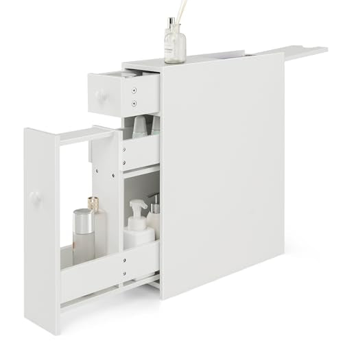 Tangkula Slim Storage Cabinet, Free Standing, with Slide Out Drawers, Narrow Floor Bathroom Organizer Next to Toilet, Toilet Paper Holder, 19 x 6.5 x 23 Inches (White) - color: White