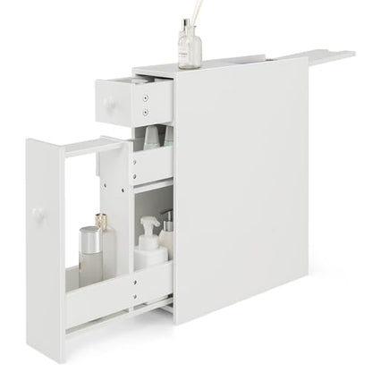Tangkula Slim Storage Cabinet, Free Standing, with Slide Out Drawers, Narrow Floor Bathroom Organizer Next to Toilet, Toilet Paper Holder, 19 x 6.5 x 23 Inches (White) - color: White