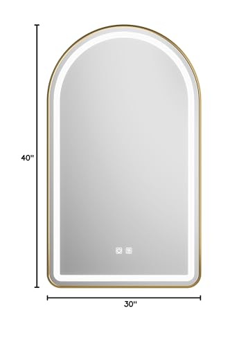 Arched Bathroom Mirror 30"x40", Gold, LED Tempered Glass | arch led bathroom mirror wall mounted vanity lighted tempered glass dimmable anti fog metal frame