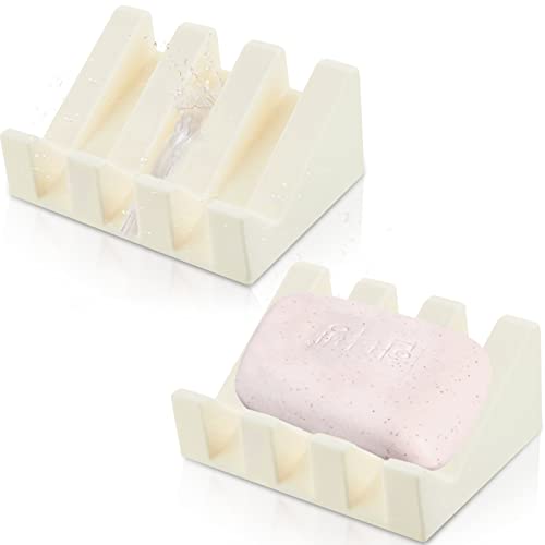 2 Pieces Silicone Soap Dish Self Draining Soap Dish Shower Waterfall Bar Soap Holder Tray with Drain Soap Saver for Kitchen Bathroom Accessories (Cream White) - color: Cream White