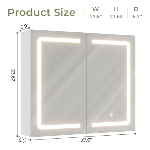 DICTAC Bathroom Medicine Cabinet with Mirrors and Led Lights 27.6x23.62 inch Double Doors Wall Mounted Mirror Cabinet with Storage Organizer Lighted Medicine Cabinets with Adjustable Shelves,White - size: 27.6x23.62 inch