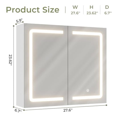 DICTAC Bathroom Medicine Cabinet with Mirrors and Led Lights 27.6x23.62 inch Double Doors Wall Mounted Mirror Cabinet with Storage Organizer Lighted Medicine Cabinets with Adjustable Shelves,White - size: 27.6x23.62 inch