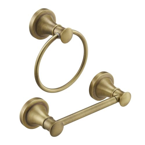 RUMOSE Pivoting Toilet Paper Holder and Hand Towel Ring, Antique Brass | Wall Mount, Bathroom Hardware Accessories 2 PCS Set, Toilet Tissue Roll Holder & Towel Hanger, Rustproof, Stainless Steel - color: Antique Brass