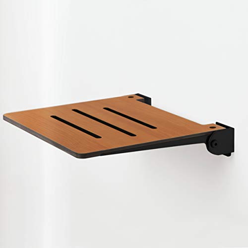 Seachrome 18 inch Silhouette Slimline Folding Wall Mount Shower Bench Seat, Teak Seat with Matte Black Frame - color: Teak Seat With Matte Black Frame