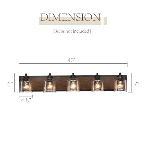 5-Light Bathroom Vanity Lights Large 40" with Bubble Glass Shades | Farmhouse Rustic style, Hand-Painted Brown Wood-Grain Metal Backplate, E26 Ceramic Socket, UL&ETL, mount up/down, over mirror - color: Brown, size: 5-Light