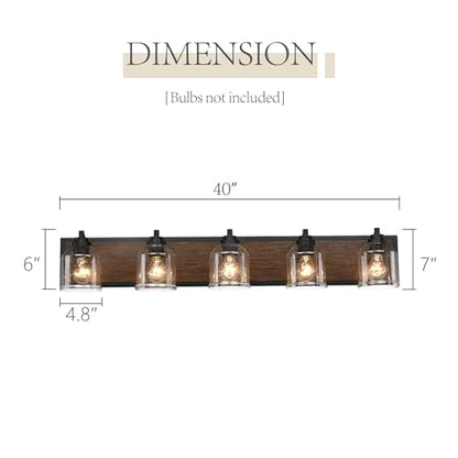 5-Light Bathroom Vanity Lights Large 40" with Bubble Glass Shades | Farmhouse Rustic style, Hand-Painted Brown Wood-Grain Metal Backplate, E26 Ceramic Socket, UL&ETL, mount up/down, over mirror - color: Brown, size: 5-Light