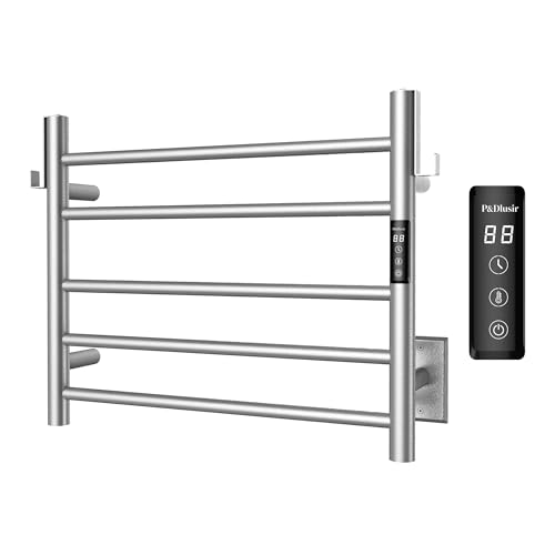 P&Dlusir EL13 Heated Towel Rack, Brushed, 5 Bar | Fast Heat in 2 Min, Smart Timer, Thermo Control, Memory Functoion, Stainless Steel, Hard-Wired/Plug-in - color: Brushed, size: 21.65"W x 17.72"H