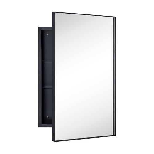 TEHOME Recessed Mount 16x26'' Squared Rectangle Matt Black Bathroom Medicine Cabinet with Mirror Black Metal Framed Rectanglular Medicine Cabinet 2 Adjustable Glass Shelves - color: Black
