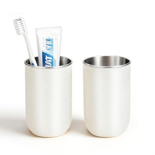 Unbreakable Stainless Steel Toothbrush Holder Tumbler Cup for Bathroom 13oz | Reusable Kids Bathroom Tumbler Cup & Tooth Brush Holder, Countertop Toothpaste Organizer Storage Set, White 2 Pack - color: White