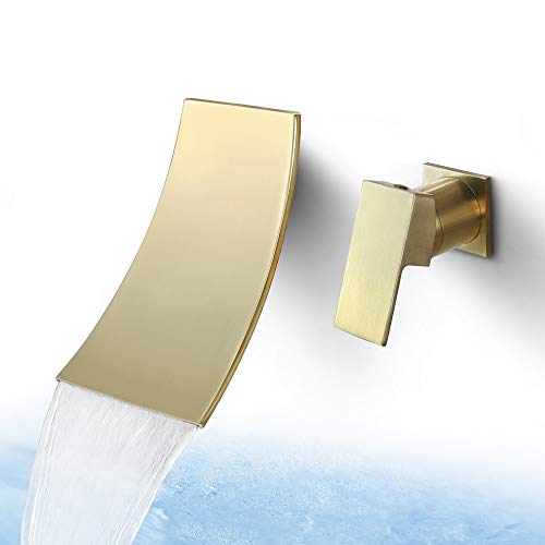 SKOWLL Single Handle Wall Mount Bathroom Sink Faucet, Brushed Gold Waterfall Modern Tub Faucet Set, Waterfall Spout - color: Brushed Gold