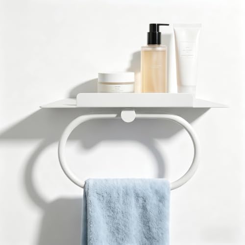 White Hand Towel Ring with Shelf, Wall Mounted Metal Towel Holder with Platform for Candle Phone Cosmetics Small Potted Plant, Towel Rack with Shelf for Home Office Bathroom Kitchen Entrance - color: White