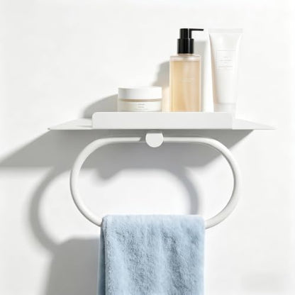 White Hand Towel Ring with Shelf, Wall Mounted Metal Towel Holder with Platform for Candle Phone Cosmetics Small Potted Plant, Towel Rack with Shelf for Home Office Bathroom Kitchen Entrance - color: White
