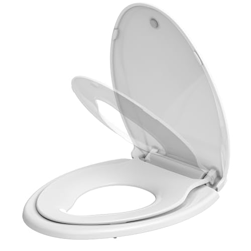19'' Elongated Toilet Seat with Built-In Toddler Seat, Soft Close Potty Training Toilet Seat for Adult & Child, Durable PP Seat, Easy to Install & Remove, Fits Most Standard Toilets - color: White, size: Elongated with Toddler Seat