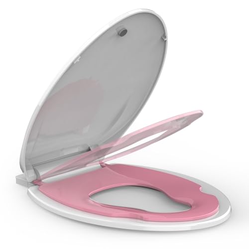 19" Elongated Toddler Toilet Seat, Built-In Potty Training Seat with Soft Quiet Close Non-Slip Design, Magnetic Kids Seat and Cover for Family Bathrooms, Durable and Easy to Clean,Pink - color: Pink, with Toddler Seat, size: Elongated (19″)