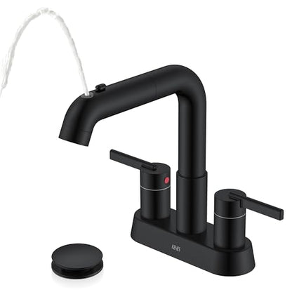 Matte Black Pull Out Centerset Bathroom Faucet 2 Handle 3 Hole 4 Inch | Pull Down Bathroom Faucet with Pop Up Drain & Supply Lines, Lead-Free cUPC & NSF Certified, 4 Inch Faucet for Vanity RV Sink - color: Matte Black