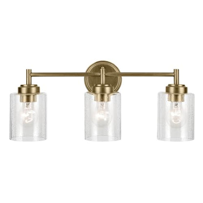 Kichler Winslow 3-Light Farmhouse Vanity Light, Natural Brass | Clear seeded glass vanity light with industrial styling (21.5" x 9.25"), 45886NBR - color: Natural Brass, size: 21.5"