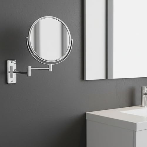 JERDON Wall-Mounted Makeup Mirror - 5X Magnification - Chrome - JP7506CF | 8" Round Frame, 13.5" Wall Extension Arm - color: Chrome, size: 5X Magnification