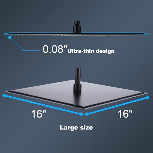Shower Head,16 Inch Ultra Thin High Pressure Fixed Rain Showerhead Matte Black with Silicone Nozzle - Adjustable Metal Swivel Ball Joint - For the Best Relaxation and Spa