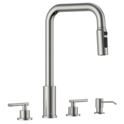 APPASO 4 Hole Widespread Kitchen Faucet with Separate Handle Brushed Nickel | 2 Handle Kitchen Sink Faucet with Pull Down Sprayer and Soap Dispenser, Square Spout Stainless Steel for 3 & 4 Holes Sink - color: 3-Brushed Nickel
