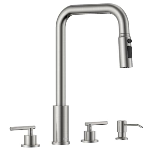 APPASO 4 Hole Widespread Kitchen Faucet with Separate Handle Brushed Nickel | 2 Handle Kitchen Sink Faucet with Pull Down Sprayer and Soap Dispenser, Square Spout Stainless Steel for 3 & 4 Holes Sink - color: 3-Brushed Nickel