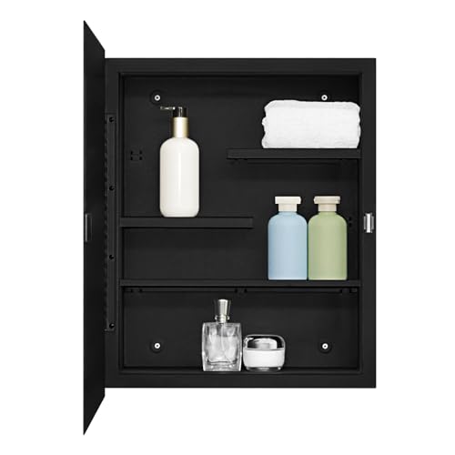 Black Metal Medicine Cabinet With Mirror, 16 x 20 Recessed Bathroom Storage | Recessed or Surface Mount Beveled Mirror Cabinet with Adjustable Staggered Shelves, Piano Hinge, Reversible Door, Powder Coat - color: Black, size: 16 x 20