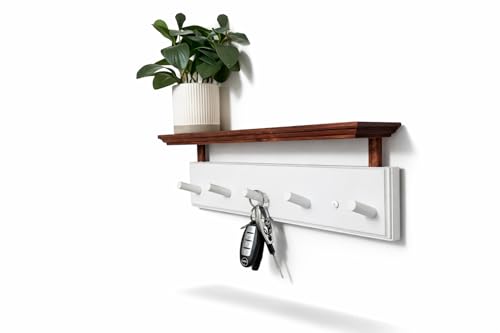 ) Matías Coat Rack Wall Mount with Shelf, 18 Inch Solid Wood Peg Rail, Wall Mounted Coat Rack with 5 Hooks, Wall Mount Shelf for Entryway, Bathroom or Bedroom (White and Natural Wood) - color: white and natural wood