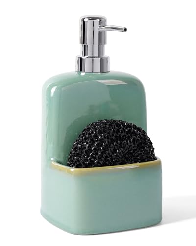 BosilunLife Dish Soap Dispenser - Sage Green Ceramic Kitchen Soap Dispenser with Sponge Holder Matte Ceramic Soap Daddy Dispenser 20oz for Kitchen Soap Pump and Sponges Caddy - color: Sage Green
