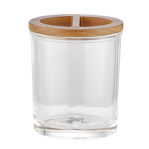 H Halston Heavy Weight Oversized Glass Toothbrush Holder with Acacia Wooden Accent, Large Enough for Electric toothbrushes, Organizer for Bathroom, Kitchen, Office, Home Storage - color: Brown