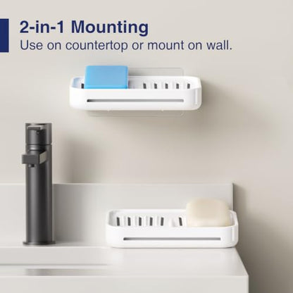 Self-Draining Soap Dish, 2-Compartment Bar Soap Holder | Soap Saver with Magnetic Detachable Tray, Shampoo and Conditioner Bar Holder, ABS Plastic Soap Holder for Shower, White