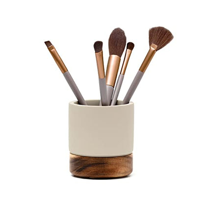 Bathroom Accessories Set 3 Piece Bath Ensemble Includes Soap Dispenser, Tumbler, Dish for Decorative Countertop & Housewarming Gift (Concrete with Acacia Wood) - style: Concrete with Acacia Wood