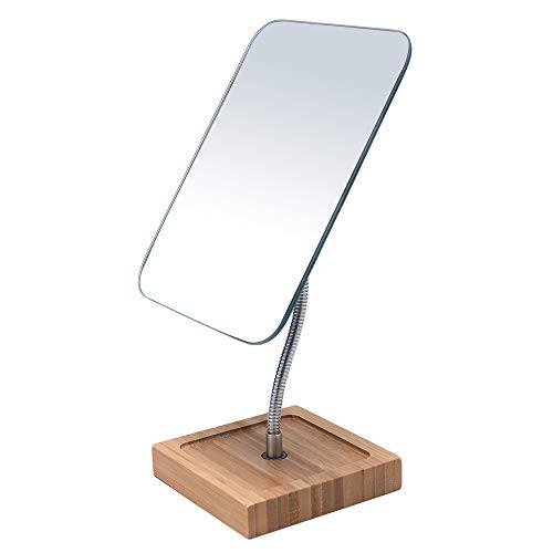 YEAKE Flexible Gooseneck Bamboo Vanity Makeup Mirror,360°Rotation 8" Large Frameless, Folding Portable Table Desk Mirror with Stand for Bathroom Shaving Make Up, Rectangle - size: 11.4"L x 6.3"W